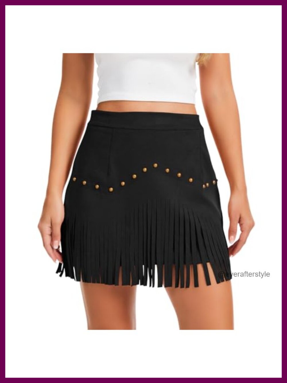 High Waisted Fringe Mini Skirt with Rivets, Western Cowgirl Polyester Spandex